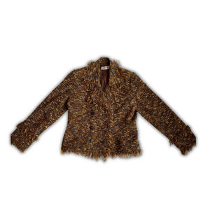 Vintage Joseph Plata Women Blazer Jacket Brown Neutral Fringes Shoulder Pads S/M